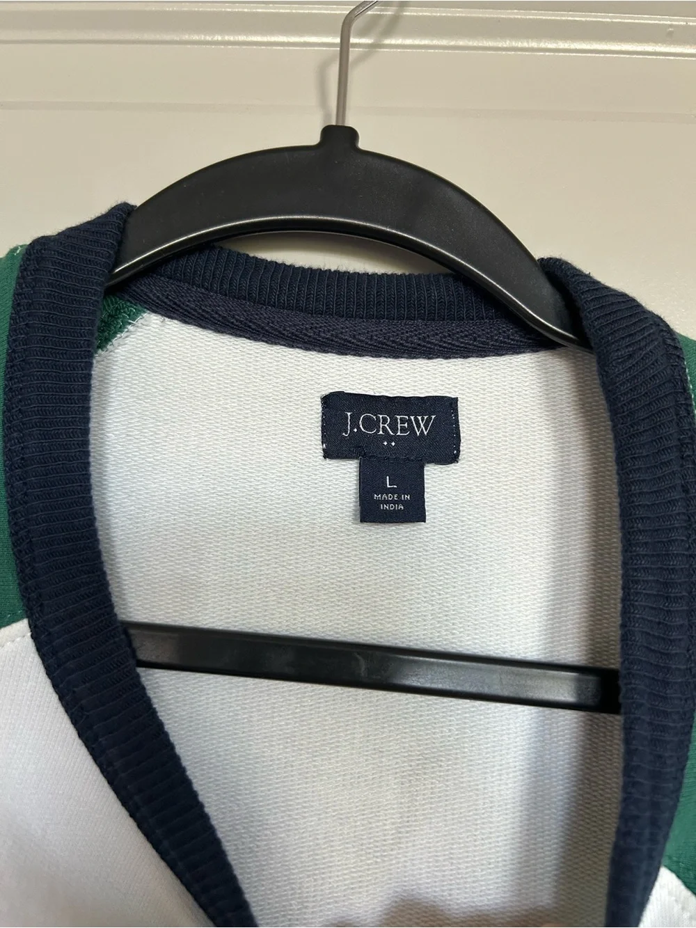 J. Crew White Pullover with Green Sleeves and Navy Trim